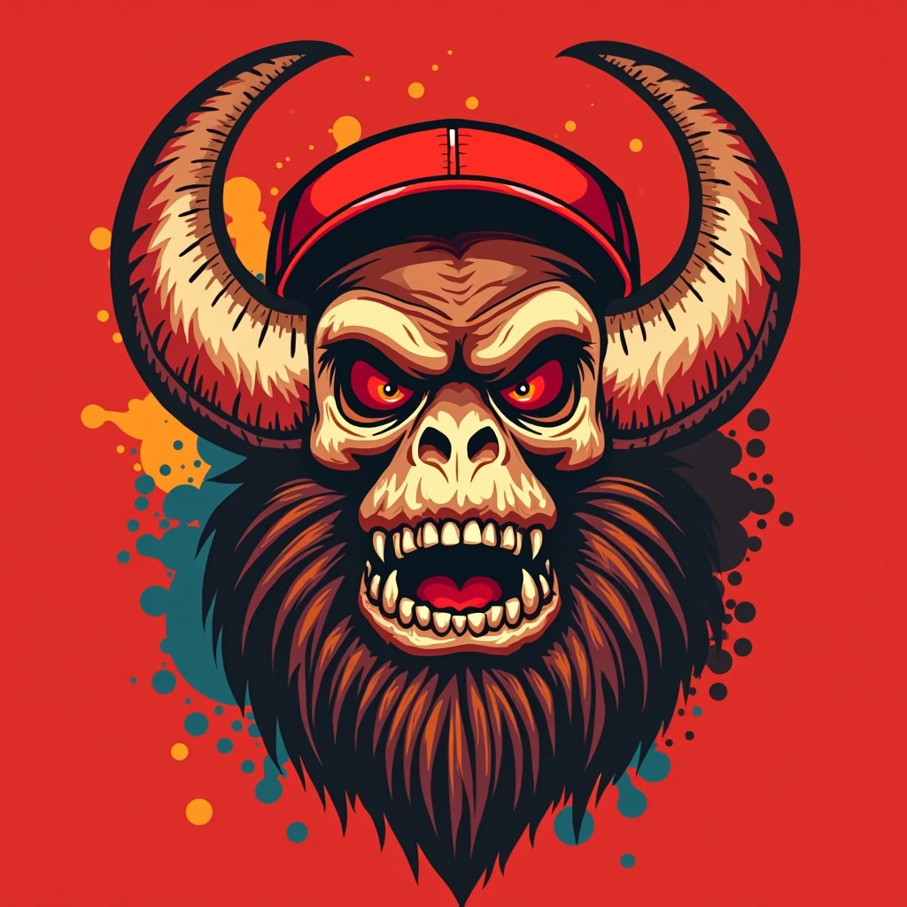 create a logo of a bearded monkey skull or skeleton wearing a baseball cap and a sweater