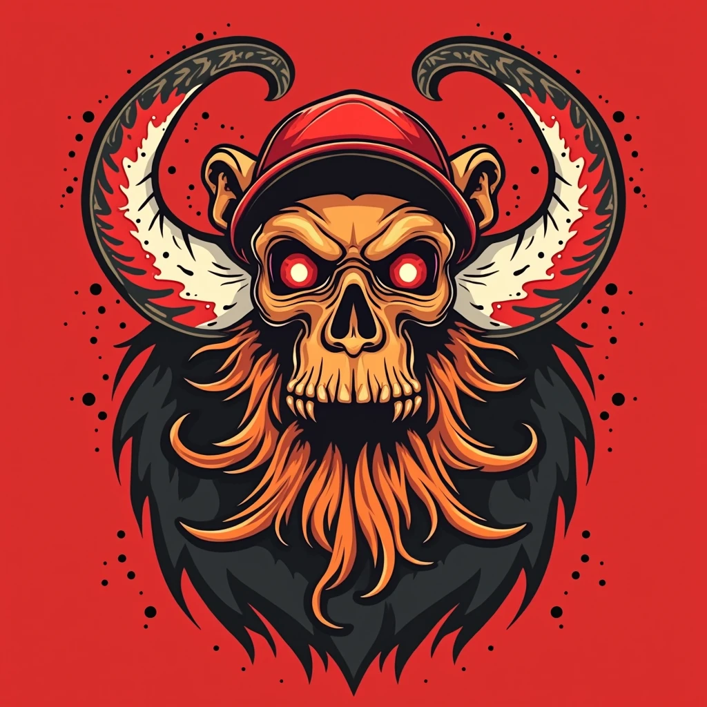 create a logo of a bearded monkey skull or skeleton wearing a baseball cap and a sweater