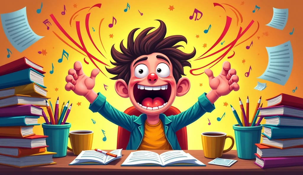 A cartoon character sitting at a desk with a laptop, appearing to be yelling or singing loudly. The character has an exaggerated open mouth and lines around it to denote sound or volume.