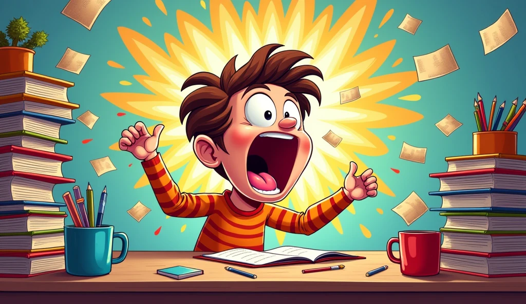 A cartoon character sitting at a desk with a laptop, appearing to be yelling or singing loudly. The character has an exaggerated open mouth and lines around it to denote sound or volume.