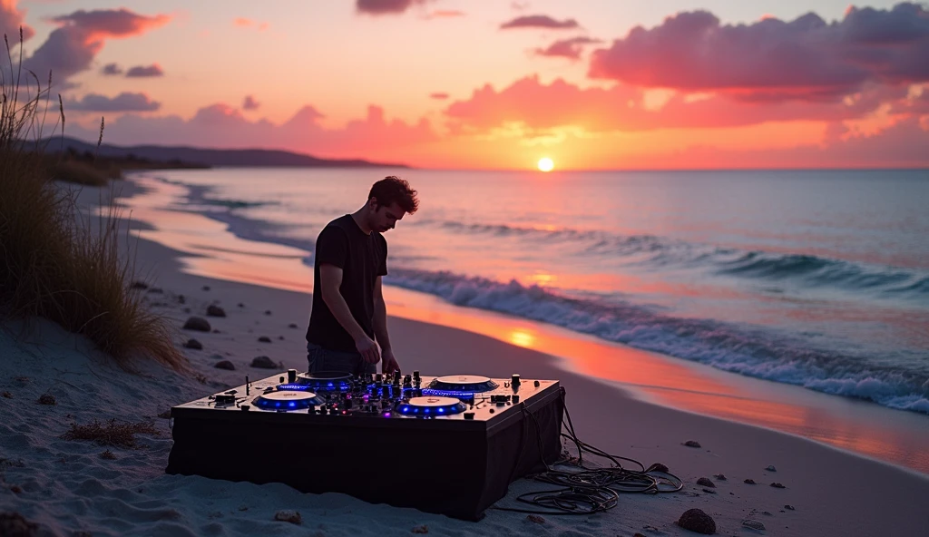 illustration,A lonely DJ on a beach, a beautiful sunset, beautiful and enchanting horizon