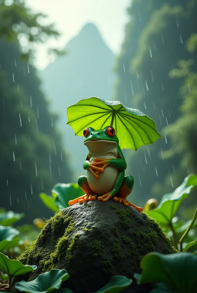 A fat tree frog in the deep forest of the mountains,Ultra-realistic,high resolution,Standing with a lotus leaf umbrella,letters on the screen,