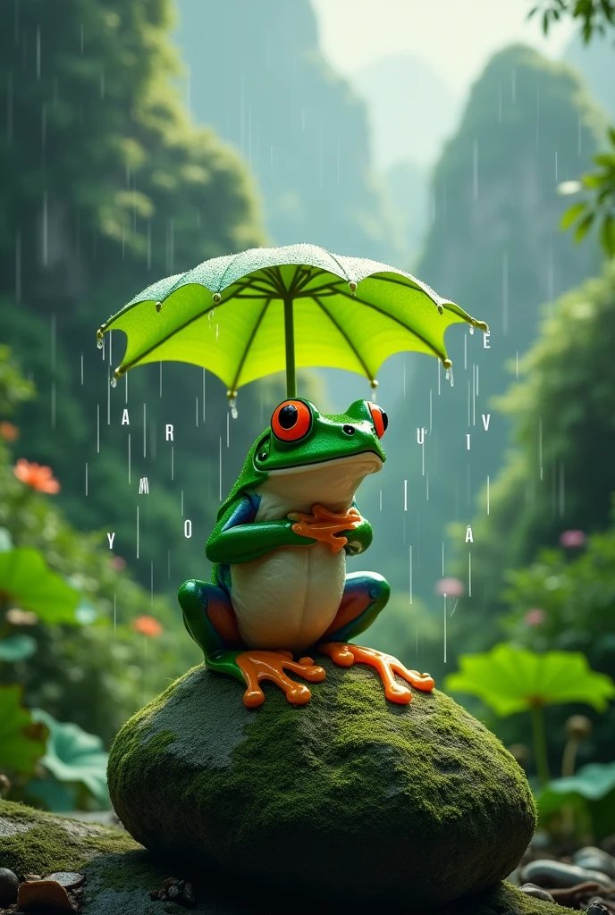 A fat tree frog in the deep forest of the mountains，Ultra-realistic，high resolution，Standing with a lotus leaf umbrella，letters on the screen,
