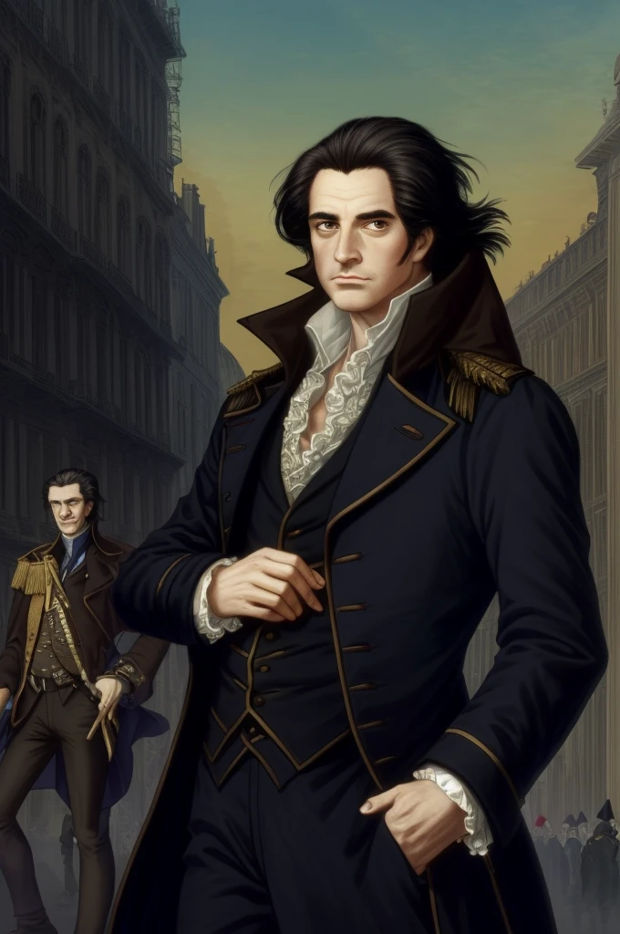 Highest quality, masterpiece, High resolution,，（Jacques Hébert），French，French Revolution politician，（French cityscape_background），Thin Hair，Broad forehead，wig，Middle-aged men，Anime Style, 4K, alone，whole body， looking at the camera, ，Black Hair，Brown_coat， Hyper Detail, (Intricate details),