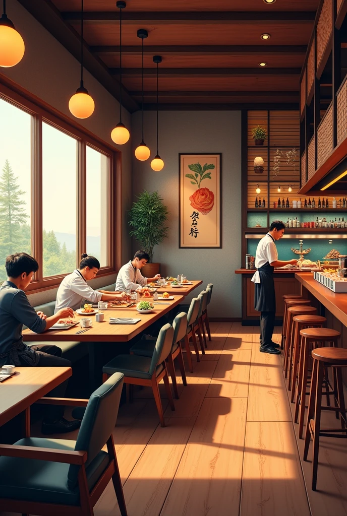 The interior of a sushi restaurant viewed from a diagonal angle
