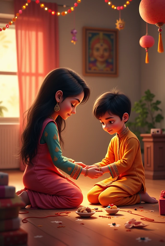 In a beutiful house and festive background on floor a elder sister female dressed in a kurta and a younger brother dressed in kurta and both are of white skin tone celebrating rakhi festival. a elder sister tying rakhi (a hand bracelet of om pendant) to her brother's right hand. With sweets and gifts around in a animated characters