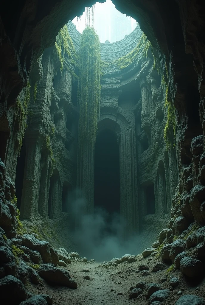 An very dark buried ancient lovecraftian revealed by an excavation. The temple is below a hole. The camera is above the hole