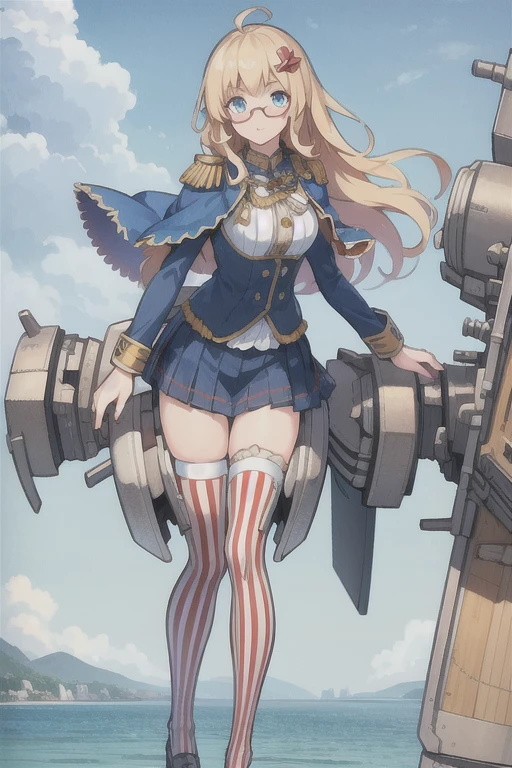 Hood \(warship girls r\),((masterpiece)),(((best quality))),((ultra-detailed)),((illustration)),((disheveled hair)),((frills)),(1 girl),(solo),1girl,blonde hair,blue capelet,blue eyes,blue jacket,blush,buttons,cannon,capelet,closed mouth,flag,glasses,hair ornament,jacket,long hair,long sleeves,looking at viewer,machinery,mecha musume,military uniform,miniskirt,pleated skirt,red-framed eyewear,ribbon,rigging,semi-rimless eyewear,shirt,skirt,smokestack,solo,standing,striped,sword,thighhighs,turret,under-rim eyewear,underwear,uniform,union jack,white legwear,After the transformation,
Moderate legs,ahoge,