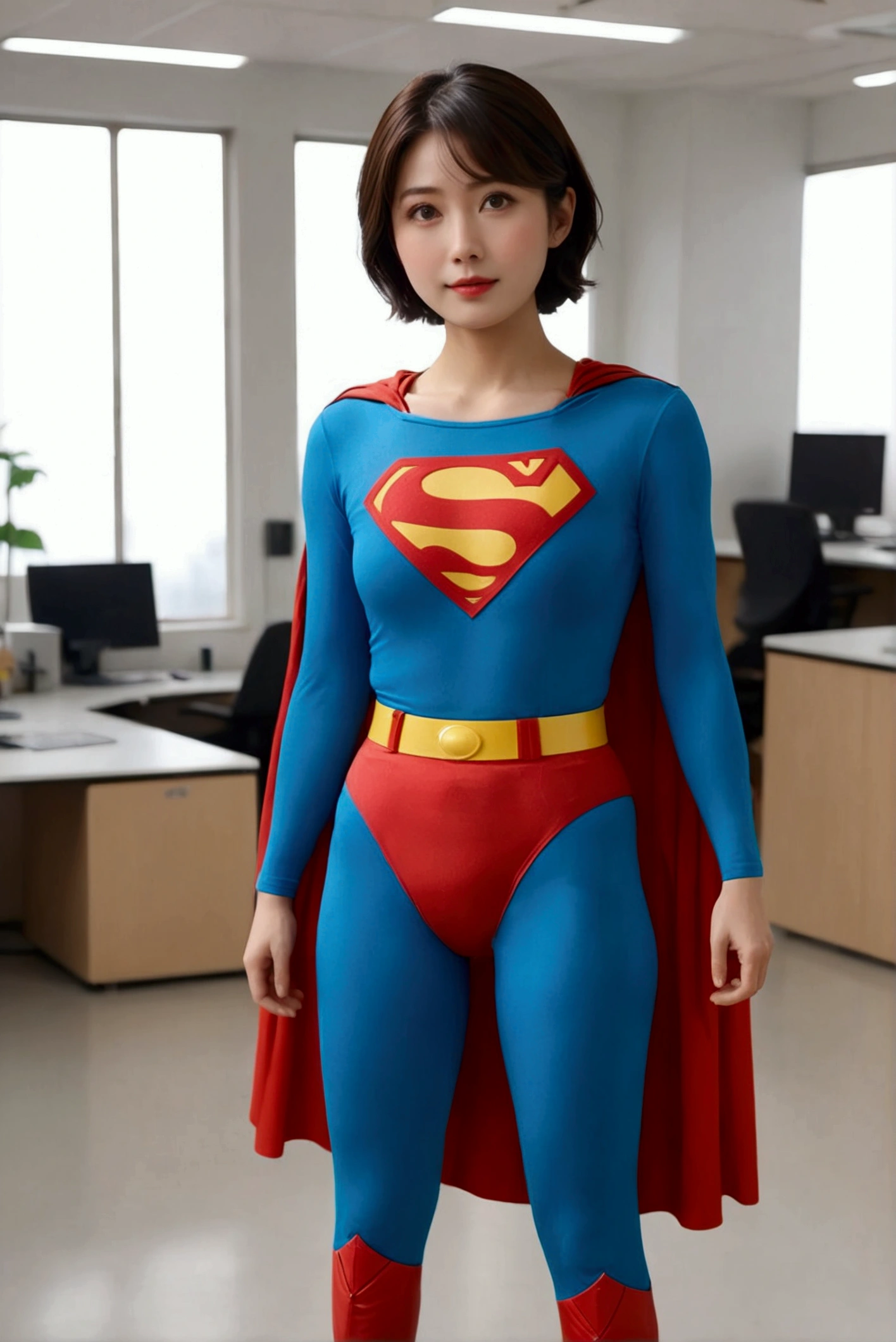 (One person), (masterpiece:1.0),(Extremely detailed 8K), (Wide long shot photo), (whole body:1.3), Realistic, Beautiful woman satomi ishihara,very short hair,standing on the office, clothing ((Superman_80s_custome)), View your viewers, (photoRealistic:1.1), (Highest quality:1.4), (Ultra-high resolution:1.2), 8k resolution, Canon EOS R5, 50mm, Absurd, Super detailed, Beautiful face in every detail, Detailed skin texture, Pale skin, smile, Talked about at the art station, Superman_80s_custome,