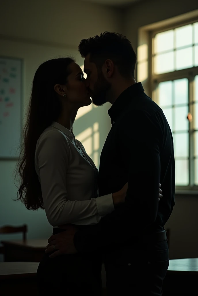 A sexy school girl wearing a long-sleeved white school shirt, she stands kissing a sexy teacher wearing a black shirt passionately in the dark, more in a dark room.