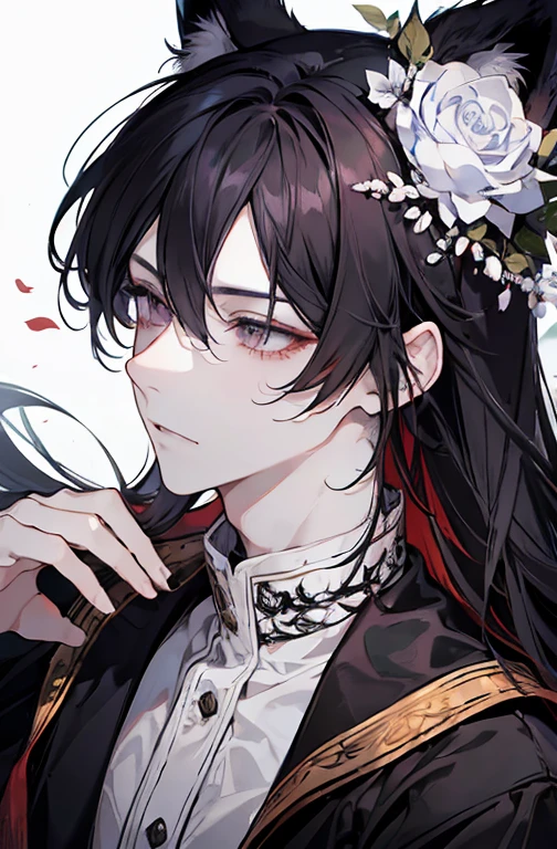 (best quality) (1 male), adult 25 years, ((long dark-rose hair)), long disheveled pearl hair, (eyes is completely black, the white of the eye is black), pale skin, gentle delicate facial features, little to no clothes, looking up beautifully, half-body, kitsune ears, fox ears, fox ears, fox ears, fox ears, half body, half body.