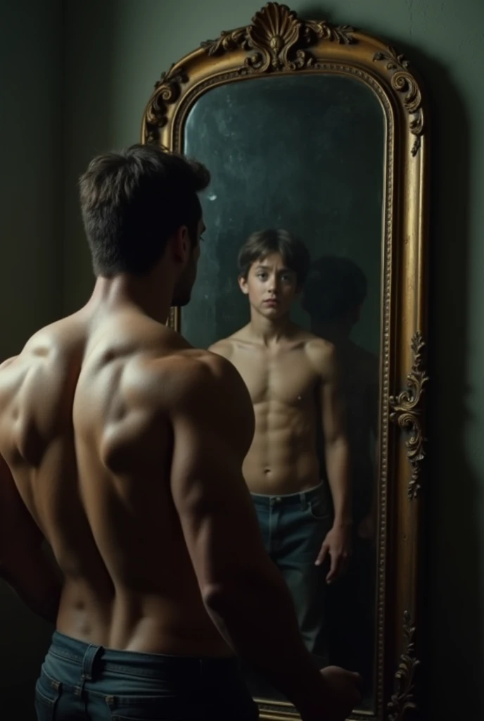 A muscular 30-year-old man
Sees in a very large mirror the reflection of a 5-year-old boy
Sad and crying
The  is inside the mirror and the man outside
With a very muscular back and with wounds