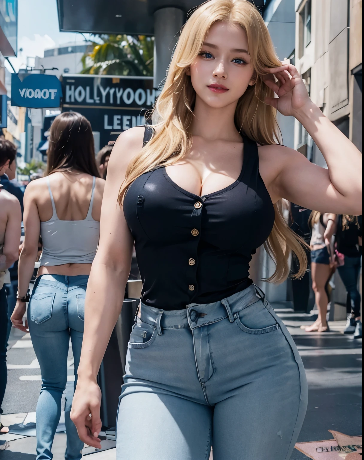 1girl, (Blue Eyes), (smiling), (big tits :1.1), big ass, thin waist, thick thighs, toned legs, muscle, (Best Quality, 8k, Masterpiece: 1.3), Clear Focus: 1.2, Perfect Body Beauty: 1.4, strong abs, Highly detailed face and skin texture, detailed eyes, double eyelids, red lips, (shiny skin :1.2), (blonde long hair :1.2), (cleavage tank top with buttons :1.2), ((skinny jeans :1.3)), standing, dynamic pose, showing her tits, (on the Hollywood Walk of Fame :1.1)