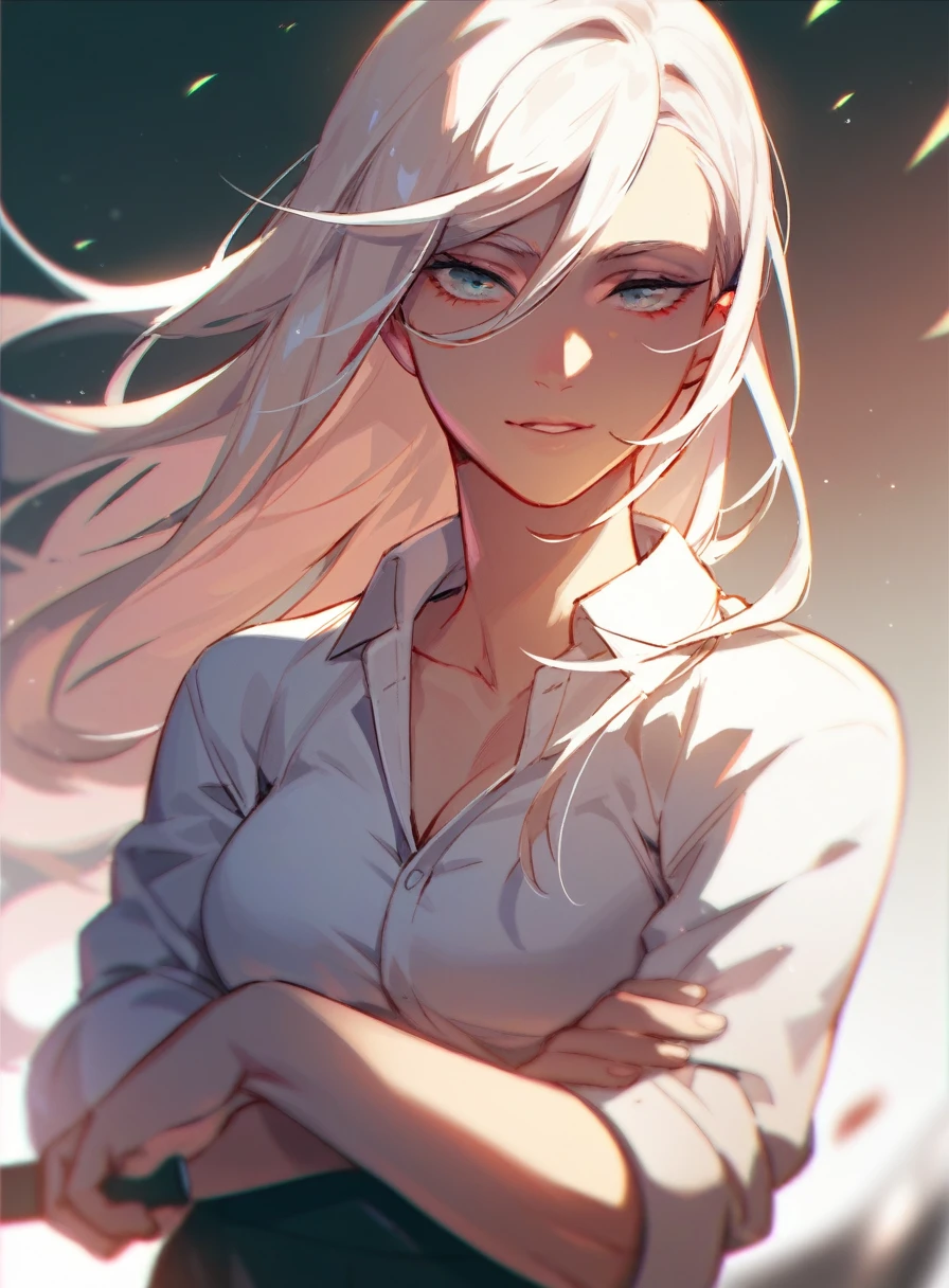Beautiful, feminine, human, pretty woman with long straight hair, busty, killer with a knife in her hand.