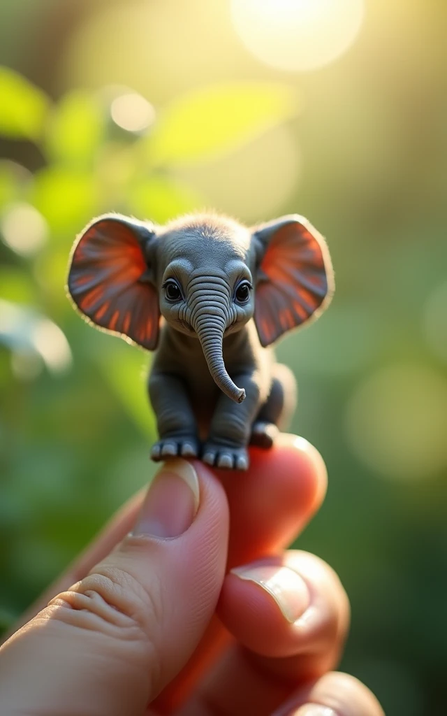 Photorealistic, 34k, A micro baby elephant perched on a human finger