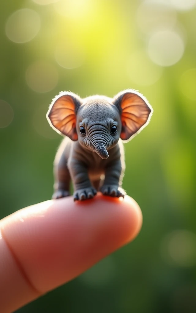 Photorealistic, 34k, A micro  elephant perched on a human finger