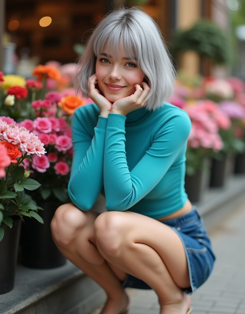 (RAW photo, best quality, masterpiece: 1.2), (photorealistic: 1.4), best lighting, 20 years old, (light gray hair, short bob cut, hair in 7 thirds, hair over one ear, Symmetrical eyes, fair skin, solo, Detailed Skin, Detailed Background:1.2), Ukrainian girls, Smiling, squatting in front of a flower shop filled with flowers, outdoors, hands on chin, turquoise blue tight shirt, navy blue shorts, sandals, gel nails, jewelry