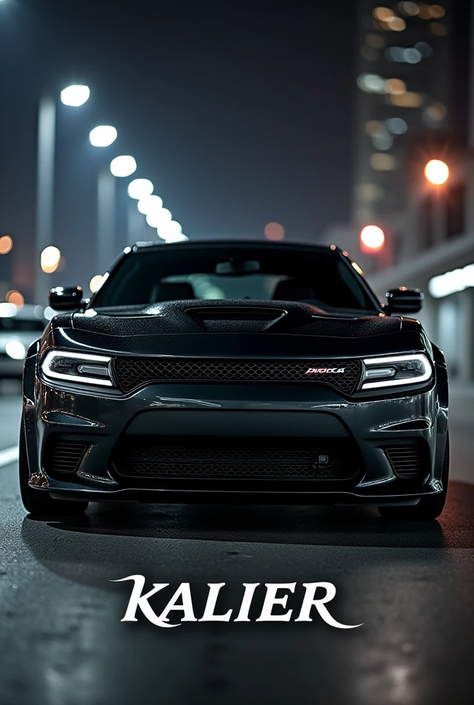 Blacked out Dodge charger hellcat with the word kaliber below it