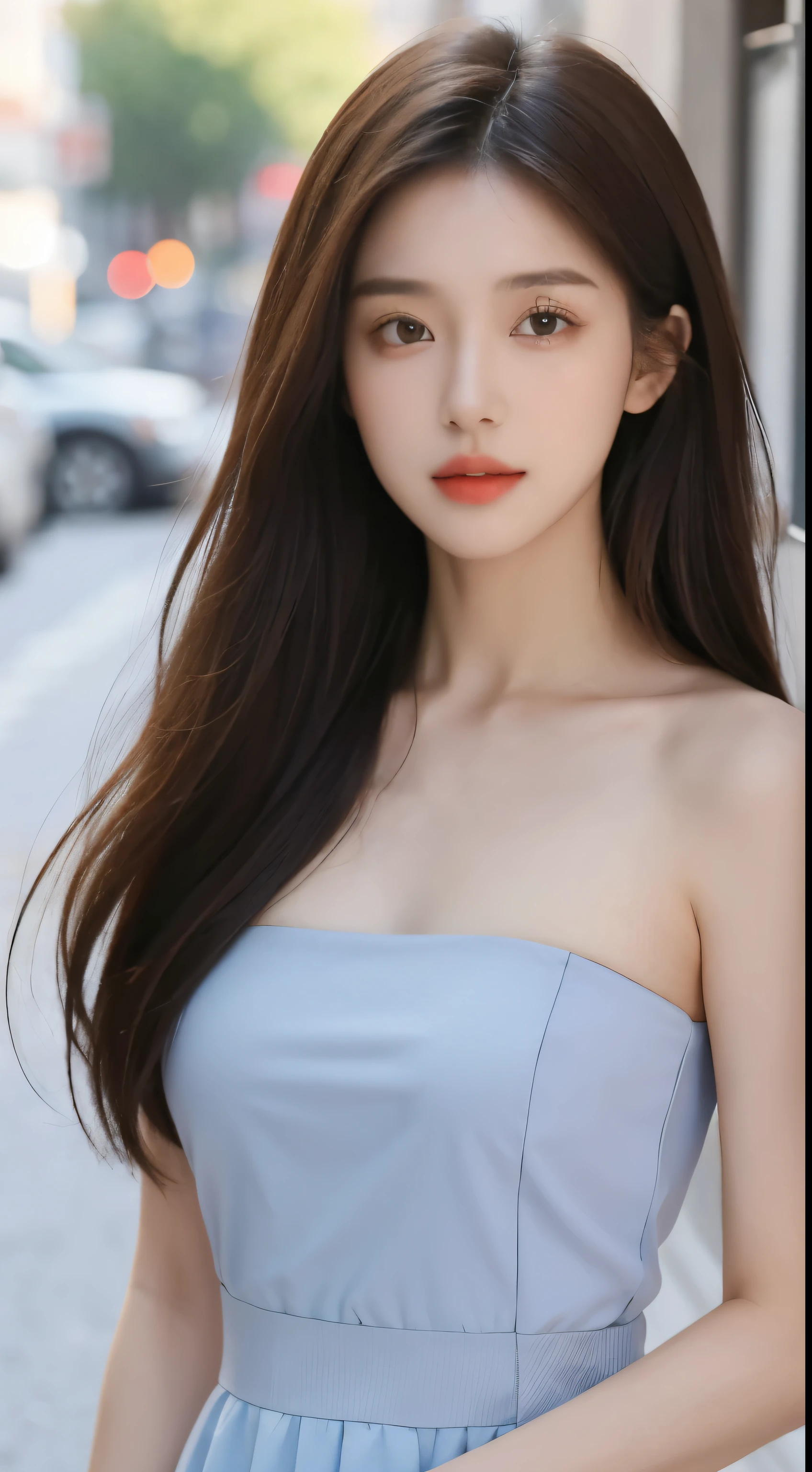 ((best quality, 8k, masterpiece:1.3)), Concentrate upon: 1.2, perfect body beauty: 1.4, (distance:1.3), bandeau dress: 1.1, very detailed face과 피부 질감, delicate eyes, double eyelid, White skin, long hair, perfect eyes, very nice eyes, very detailed eyes, very fine particles, Perfect mouth, very detailed mouth, perfect face, super fine face, very detailed face, perfect body, supermodel, Super Idol, Beautiful girl, long hair, brown eyes