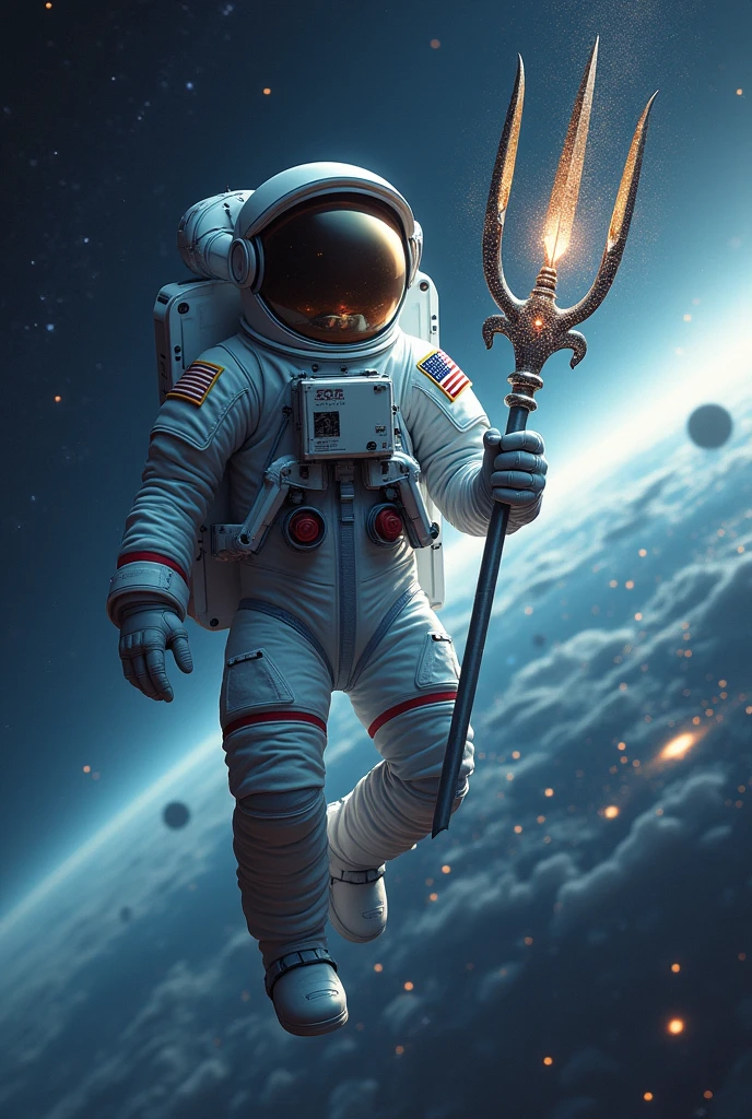 An astronaut holding a trident