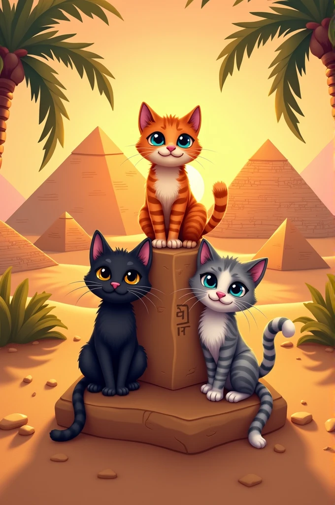 Create three cats in a pyramid in Egypt