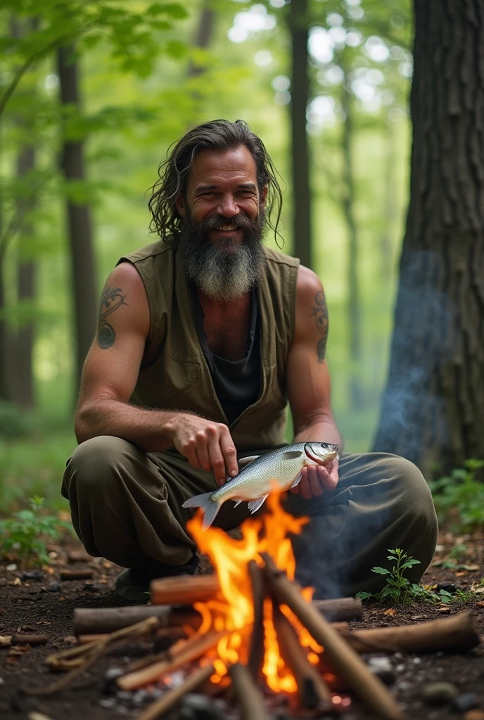 A 30-year-old hermit man frying a fish on a bonfire, happy with life.