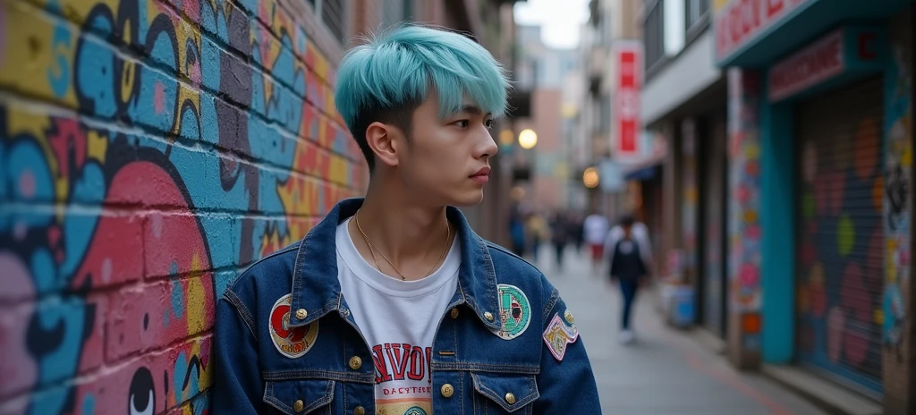 A cute 19-year-old Korean handsome guy with pastel blue hair and street fashion