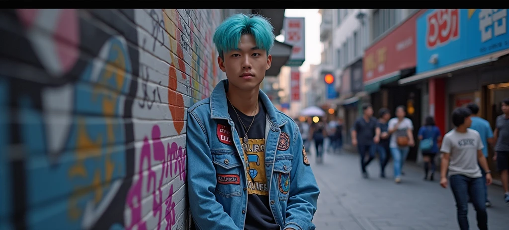 A cute 19-year-old Korean handsome guy with pastel blue hair and street fashion