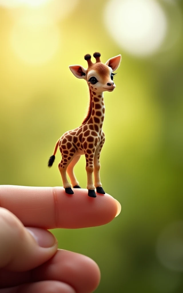 Photorealistic, 34k, A micro baby giraffe perched on a human finger