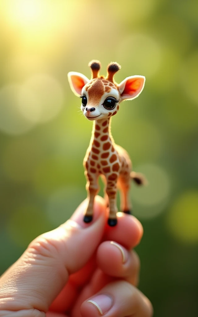 Photorealistic, 34k, A micro baby giraffe perched on a human finger