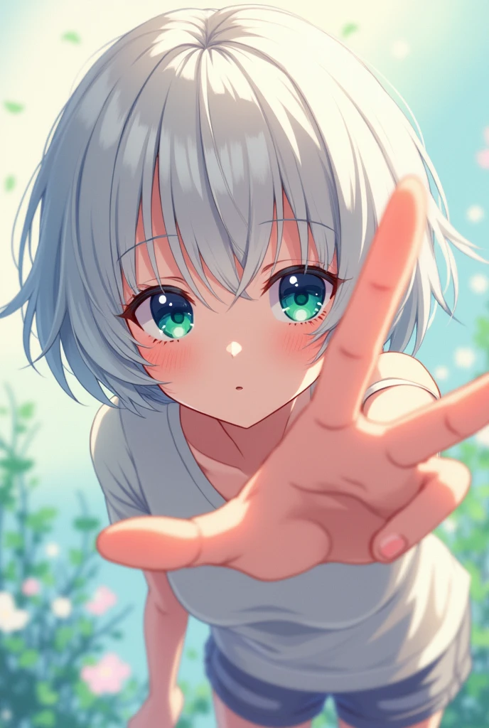 anime style, young adult woman, with the right eye blue and the left eye green, short white hair.
The woman is leaning forward, is leaning forward.
The perspective is making the hands and head look larger compared to the rest of the body.
The right hand (from the viewer's perspective) is closer to the camera, with her fingers extended forward. The left hand is also extended, but a little further back.