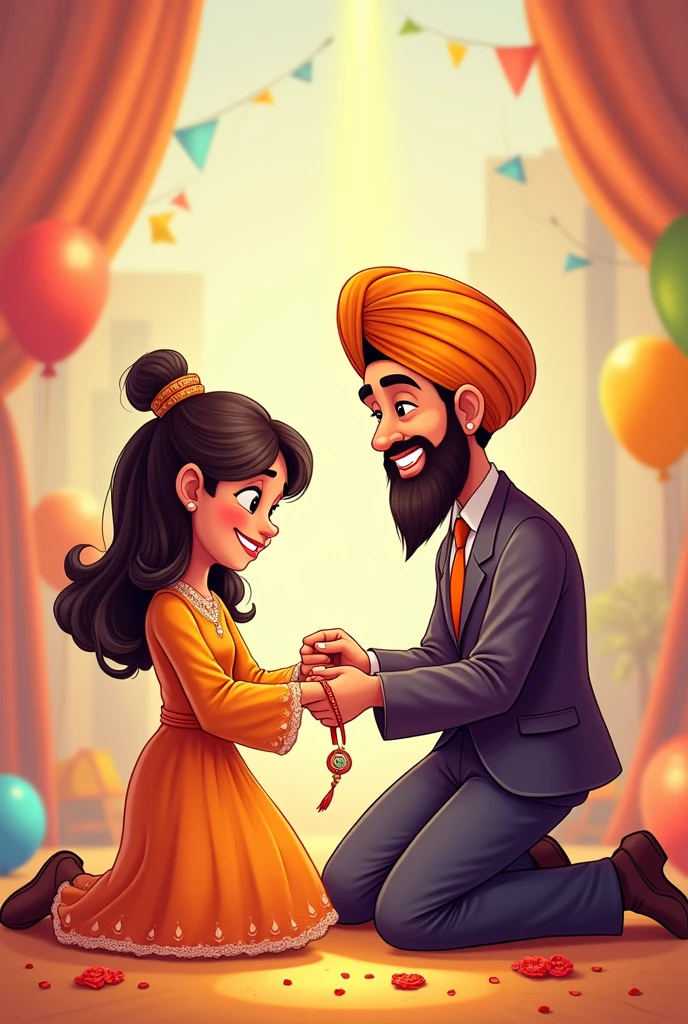 Sister wearing suit + tying rakhi on sikh brother + and cartoon style kids + no hairs out of turban + rest keep same