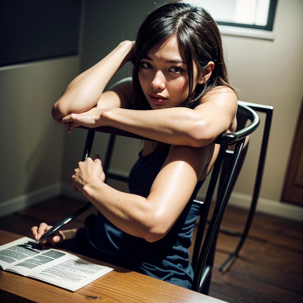 (8k, RAW Photo, Best Quality, Masterpiece: 1.2), (Realistic, Photorealistic: 1.4), (Highly Detailed 8k Wallpaper), Sharp Focus, Professional Lighting, Depth of Field, Cinematic Lighting , indoors, upper body, beautiful girl, sitting, sitting on a chair, looking into the distance, realistic body, very detailed skin, embarrassed and stifled laughter, short hair, (seminar space, seminar participation) Number of people: 1.4), long In front of a desk, many people are holding pens and writing in notebooks.