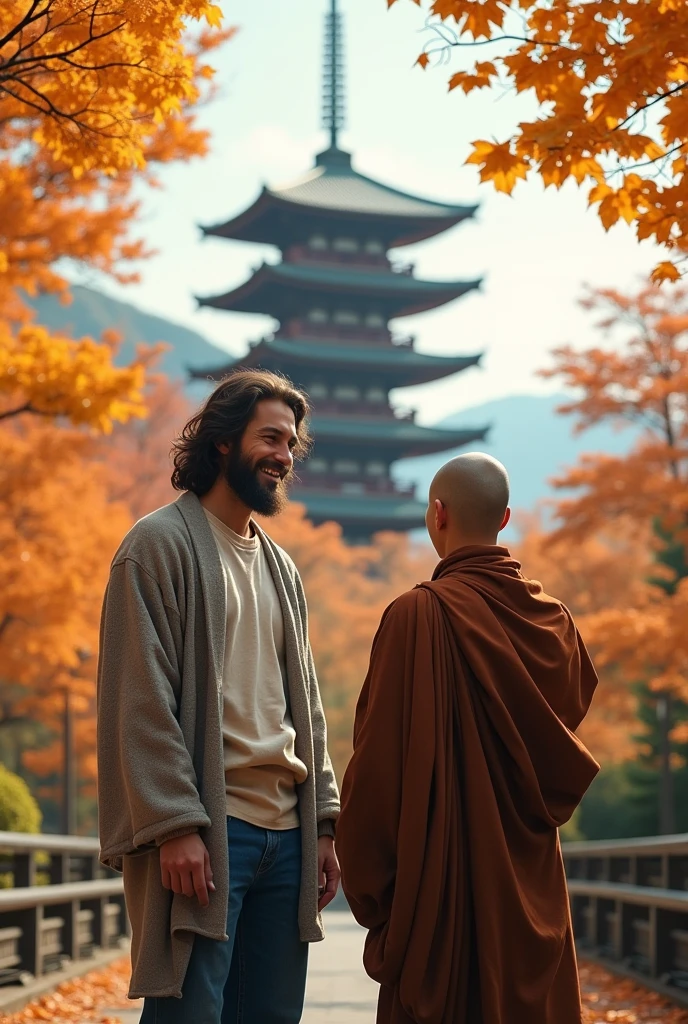 Look from behind. A monk resembling Jesus Christ and Buddha looks at the impressive five-storied pagoda surrounded by autumn leaves. They are smiling happily and beaming. Jesus is wearing an off-white knit top, a knit hat on his head, jeans, and a gray coat. Jesus of Nazareth is depicted as a gentle, gentle man with shoulder-length hair. His wavy brown hair cascades over his shoulders. His face conveys deep wisdom and empathy, radiating warmth and understanding. Autumn in Japan. Another Buddha-like monk has a gentle and wise face with a short nose and slitted eyes. He points to the pagoda and teaches Jesus. Ginkgo leaves are falling. Highly detailed, trending at the art station, sharp focus, studio shot, intricate details, Greg Rutkowski,