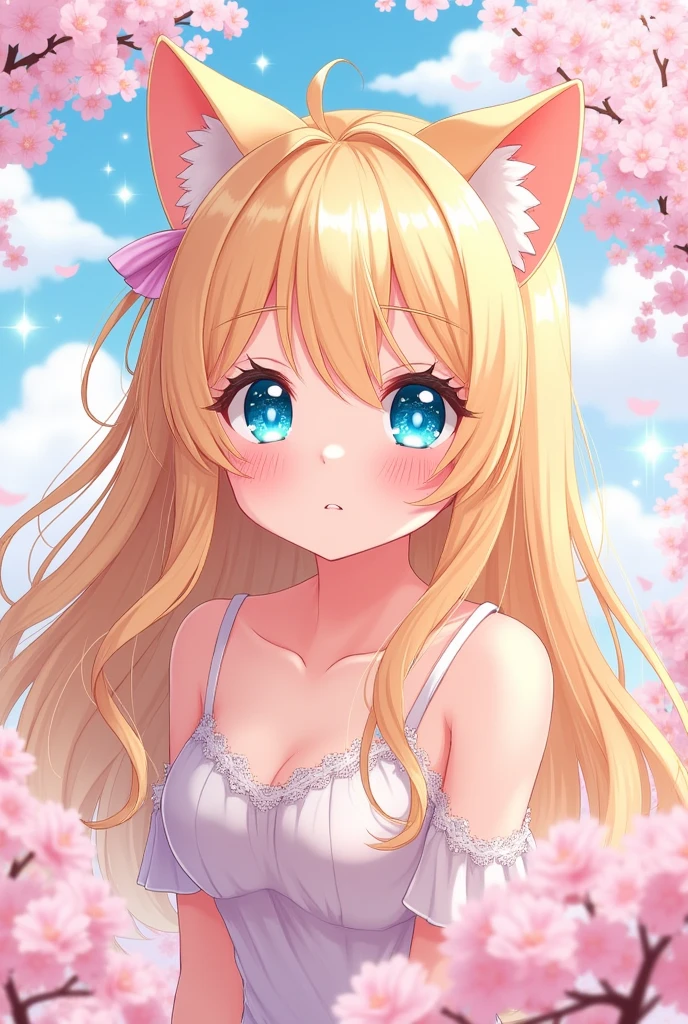 Draw a cute, girly character in an anime style、Please draw a character with blonde hair and cat ears, with a、The eyes are blue、ータ系 style.。