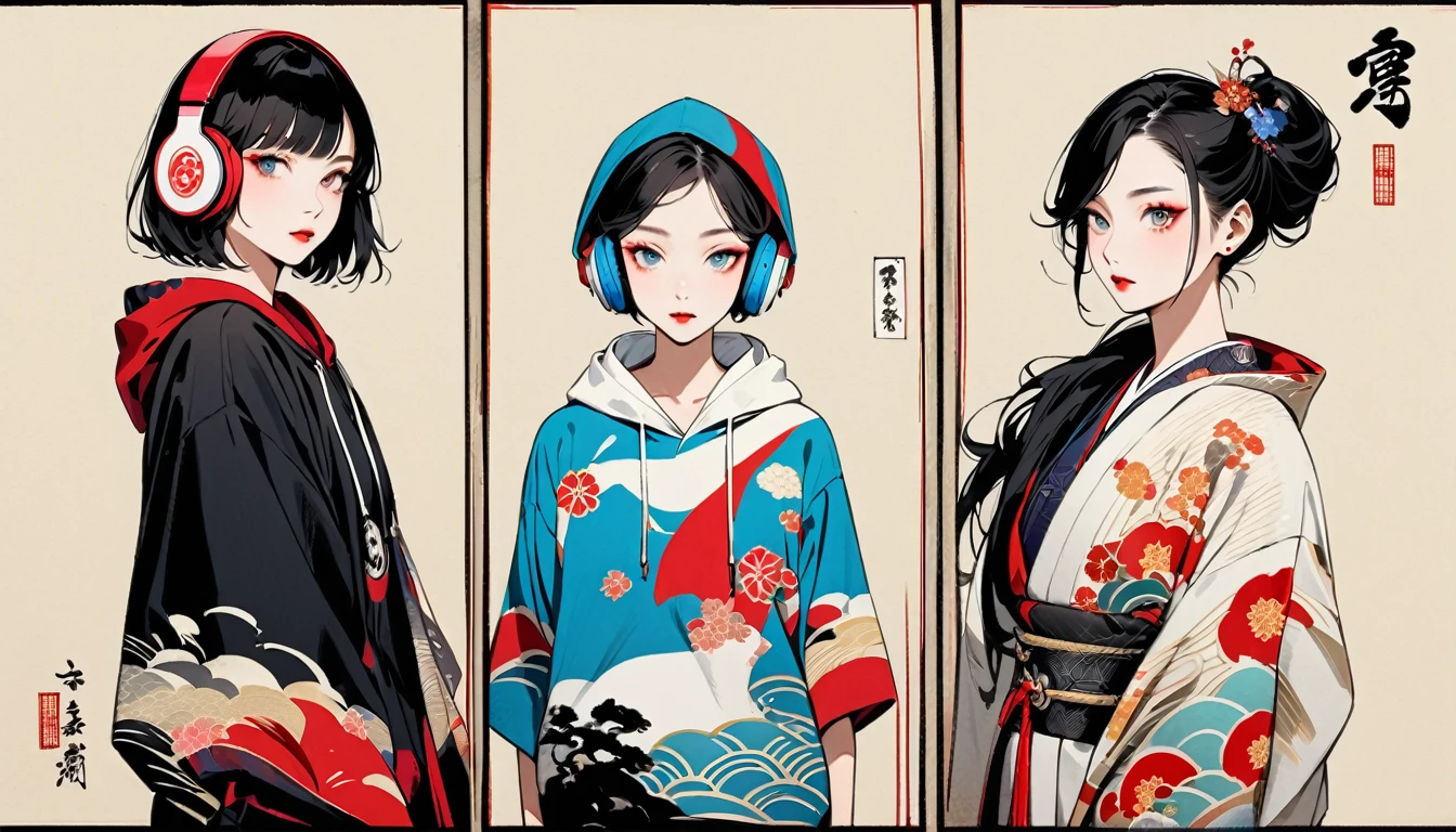 Without headphones,(((Ink Painting))), Fashion portrait color photography, (((3 people))), (((Flashy makeup))), (((Japanese style headphones))), (((Japanese pattern hoodie))), (((Wear a hood))), Japan人の美少女, Black Hair, Delicate and precise, Modern ukiyo-e style,Japan, Japanese flag, red and blue neon