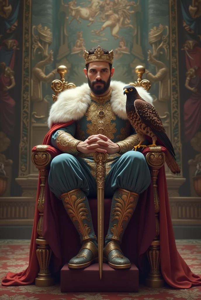 Imposing, strong, and handsome emperor with European features wearing a crown and holding a scepter sitting on a throne with a falcon. 