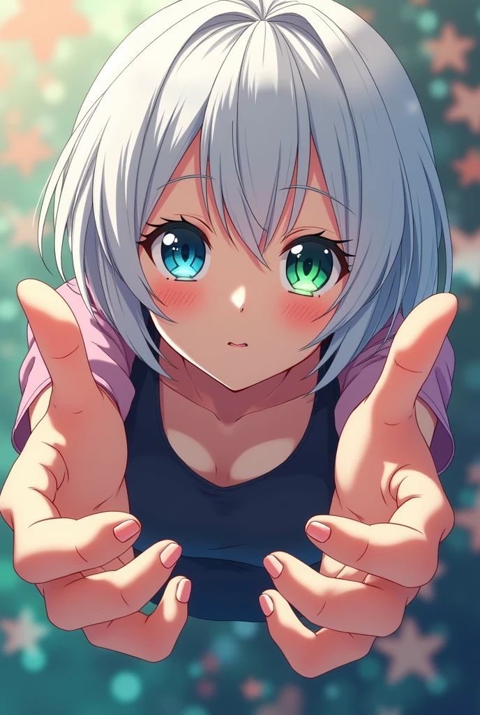 anime style, young adult woman, with the right eye blue and the left eye green, short white hair.
The woman is leaning forward, is leaning forward.
The perspective is making the hands and head look larger compared to the rest of the body.
The right hand (from the viewer's perspective) is closer to the camera, with her fingers extended forward. The left hand is also extended, but a little further back.