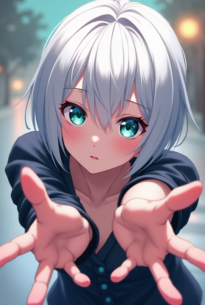 anime style, young adult woman, with the right eye blue and the left eye green, short white hair.
The woman is leaning forward, is leaning forward.
The perspective is making the hands and head look larger compared to the rest of the body.
The right hand (from the viewer's perspective) is closer to the camera, with her fingers extended forward. The left hand is also extended, but a little further back.