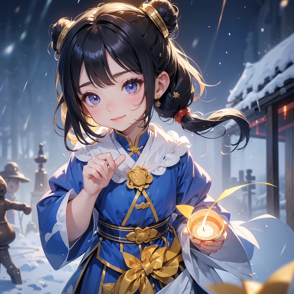 A chibi child girl had a small face and Wearing a blue little Taoist priest's outfit. A pair of big round eyes shone with curiosity about him. This child was so cute!, Burning joss paper and gold paper for the departed spirits in front of the house, raindrops are falling down, her hair is black with two buns on her hair.small chibi, chibi baby, smiling.
The little chibi baby looked up with his chest raised, and his face was old and proud.
Amidst the white snowy atmosphere, the snow is falling lightly, watching the snow fall one by one