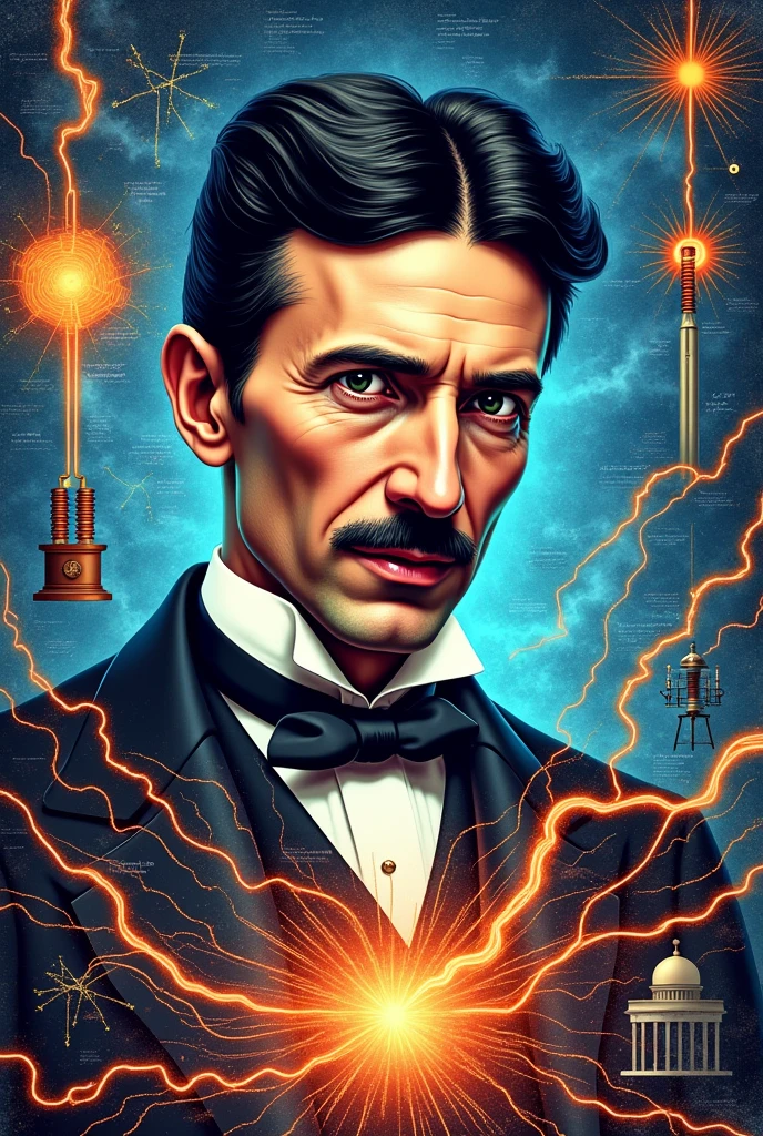 Nicola Tesla's face, and in the background and around Maxwell's laws Faraday's experiments, representation of electric fields and magnetic fields, Tesla's Inventions, electrical engineering electric motor electric generator, electricity and magnetism transformer
