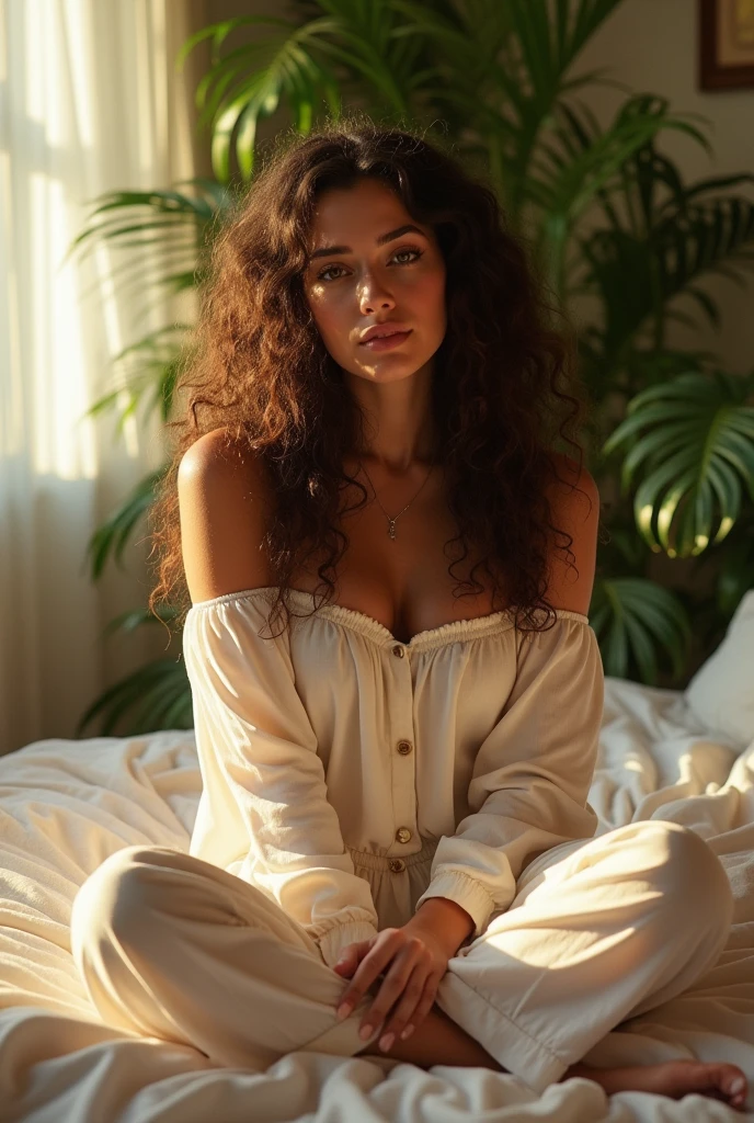 (photorealism:1.2), beautiful woman, sitting on bed, wearing loose off-shoulder top, pajama pants, long curly hair, indoors, soft lighting, plants in background, window with sunlight, cozy room, relaxed pose, realistic, intricate details, warm colors, by Greg Rutkowski, by Alphonse Mucha