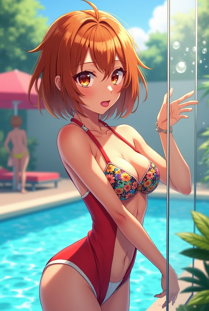 Nobara Kugisaki,Woman ,adult,20years,short brown orange hair,Colorful bra,White-panties,orange eyes, skirt short,red suit,breathing out of mouth deeply, tongue far out, licking a pane of glass, shoulders uncovered, pool toys. anime image.