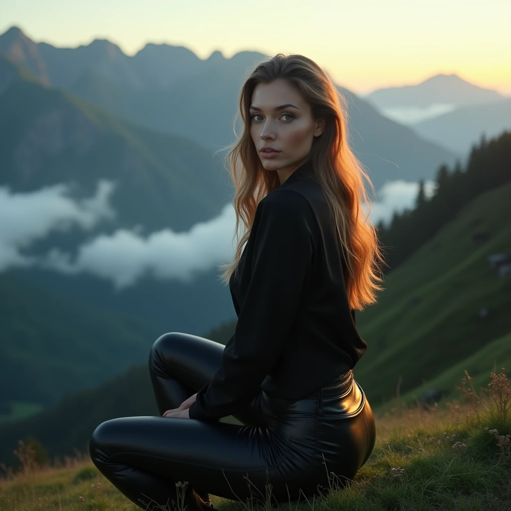 Very beautiful Slavic woman, pale skin, long light brown hair, muscular, Sitting on a hill, She wears a black silk blouse and leather pants, mountains, The fog is creeping,Low clouds lie in the valley, indigo, Sundown, photo, body complet, sharp-focus, dynamic sexy pose, Helios 44-2, swirling bokeh, sharp-focus, Complicated details, higly detailed, sharpness, Character portrait, perfect lighting, tmasterpiece, Detailed background, Movie Lighting, 8k