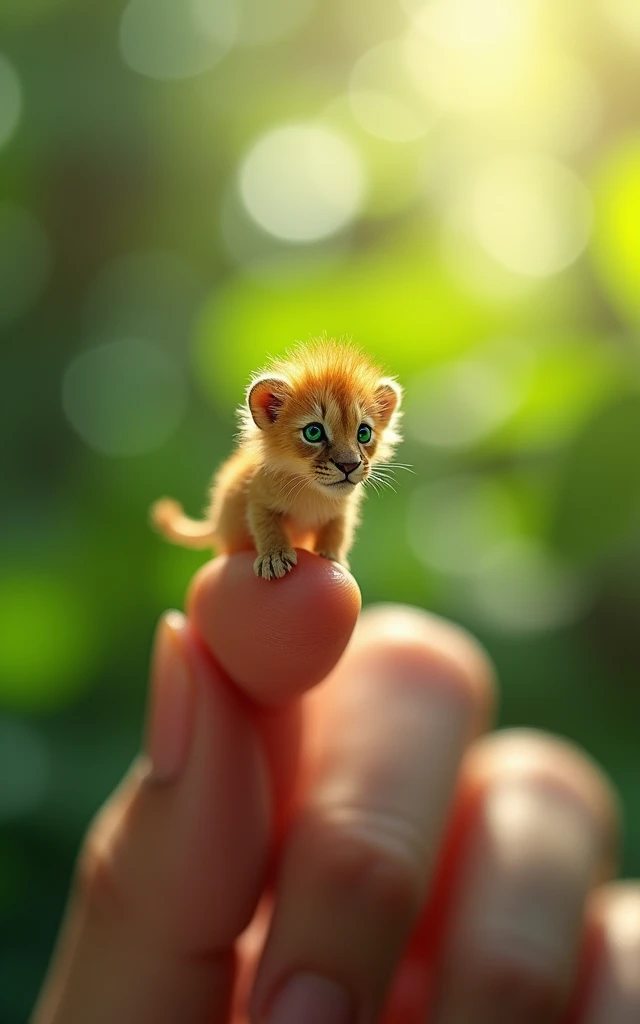 Photorealistic, 34k, A micro lion perched on a human finger