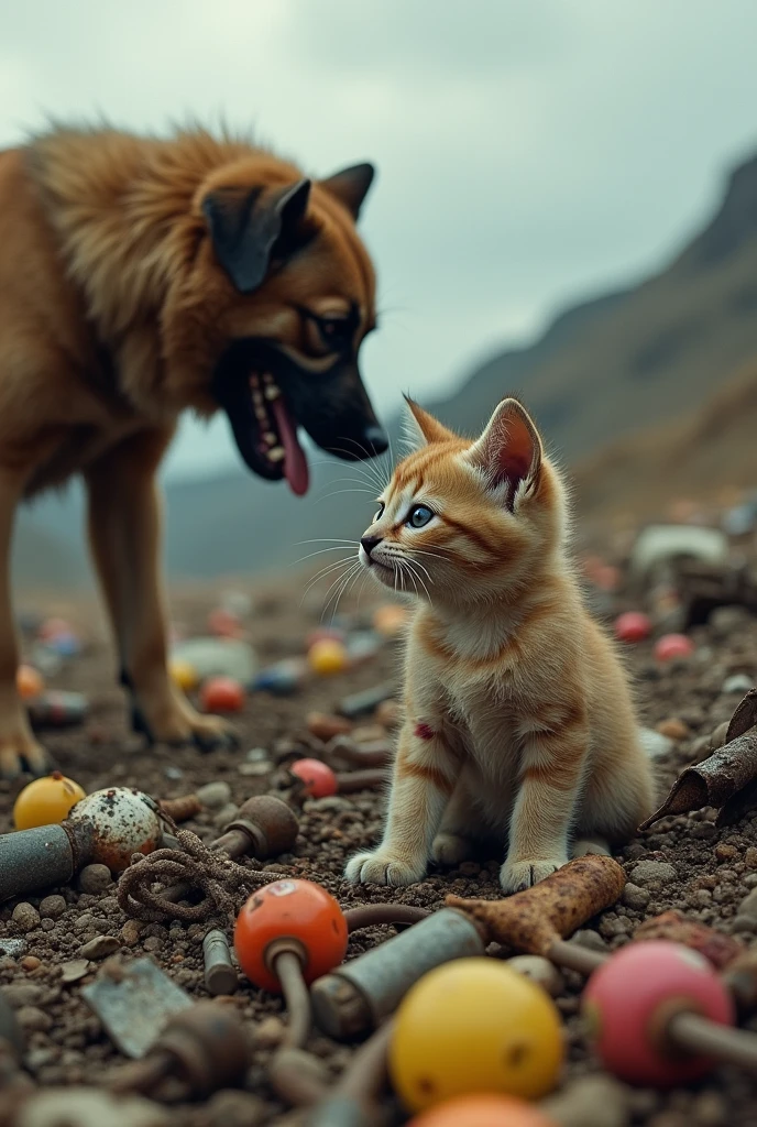 In the garbage dump、The kitten is being bullied by the dog.。The cat is covered in wounds.。