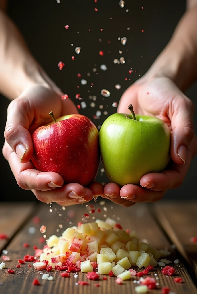 hands crushing fruit, red and green apple
