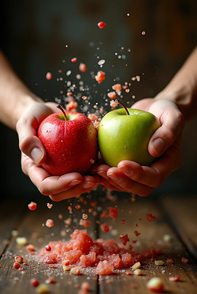 hands crushing fruit, red and green apple