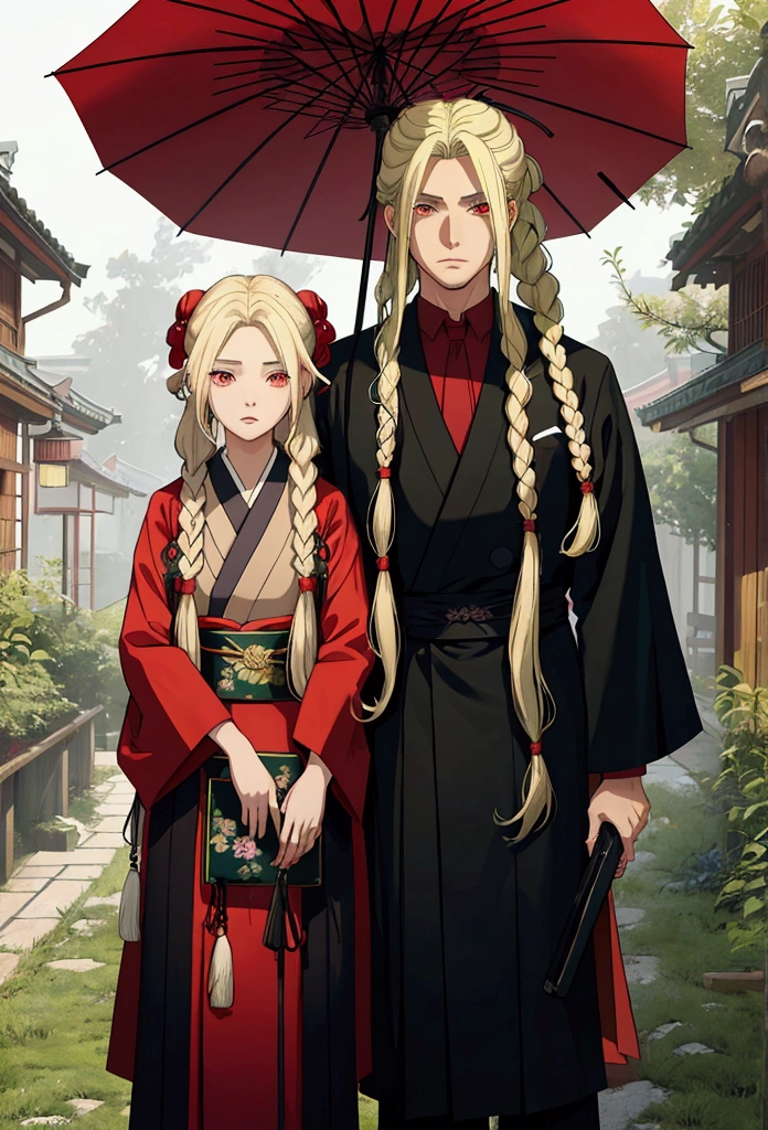 an older brother, Long haired with braids and blonde with red eyes protecting his younger sister who has short green hair and the same red eyes. The older one is holding an umbrella to cover both of them from the sun. They are both dressed in Taisho era clothing with people around them carrying weapons.