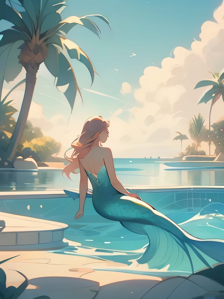 painting of a mermaid swimming in a pool with a palm tree, concept art by Nicholas Marsicano, trending on deviantart, conceptual art, relaxing concept art, mermaid in distance, disney concept art :: nixri, beautiful mermaid, 🌺 cgsociety, a mermaid in the sea, mermaid, mermaids in distance, dreamy illustration, little mermaid, mermaid tail, in the sea